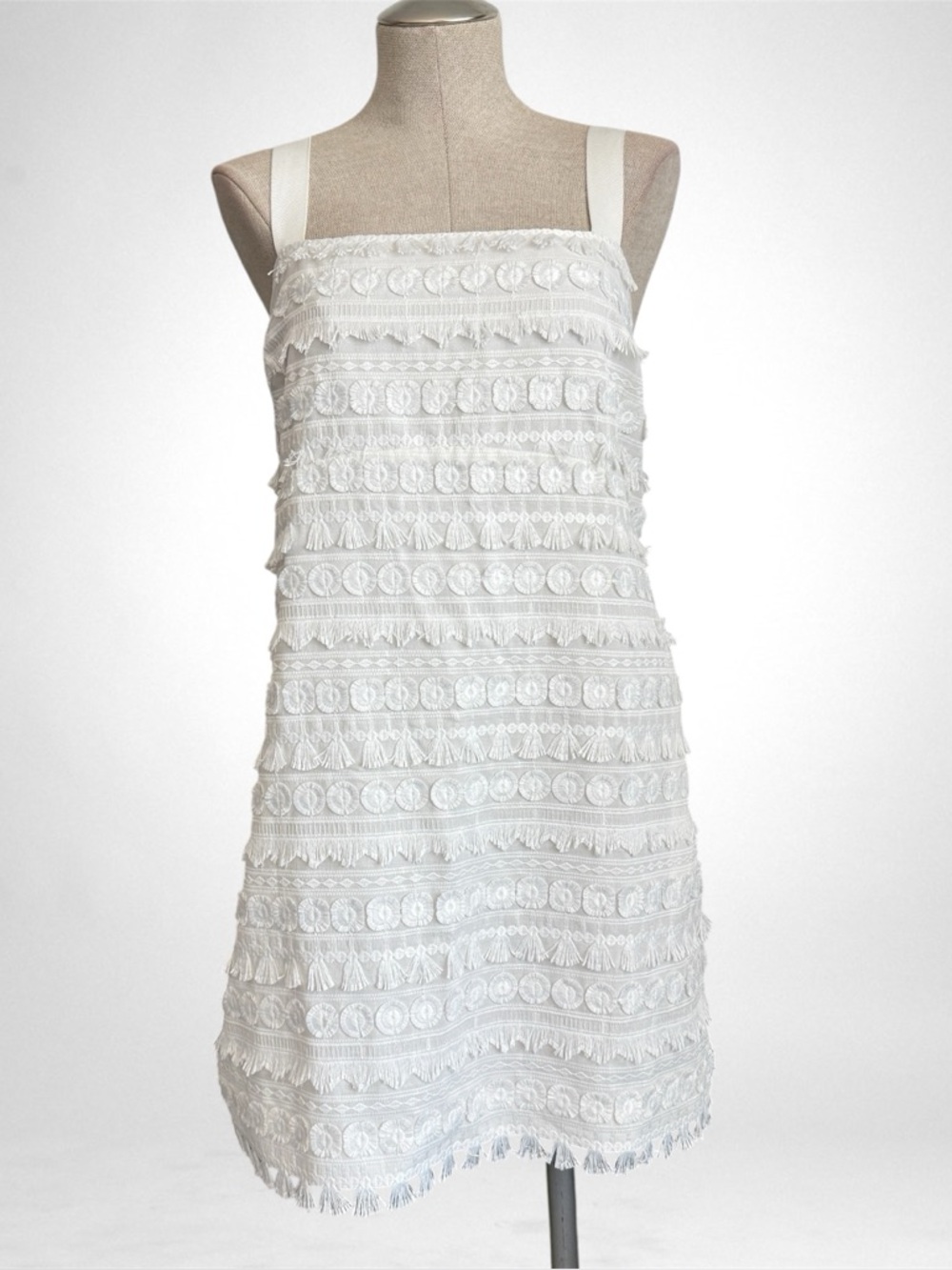 Ted Baker London White Tassel & Embroidered Mini Dress | Size 5 (US 10)